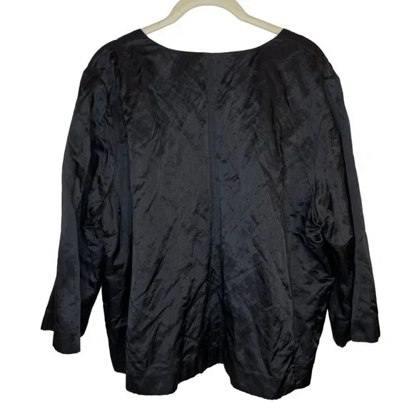Eileen Fisher Black Open Front 3/4 Sleeve Crinkle Shiny Jacket, XL - Picture 2 of 7